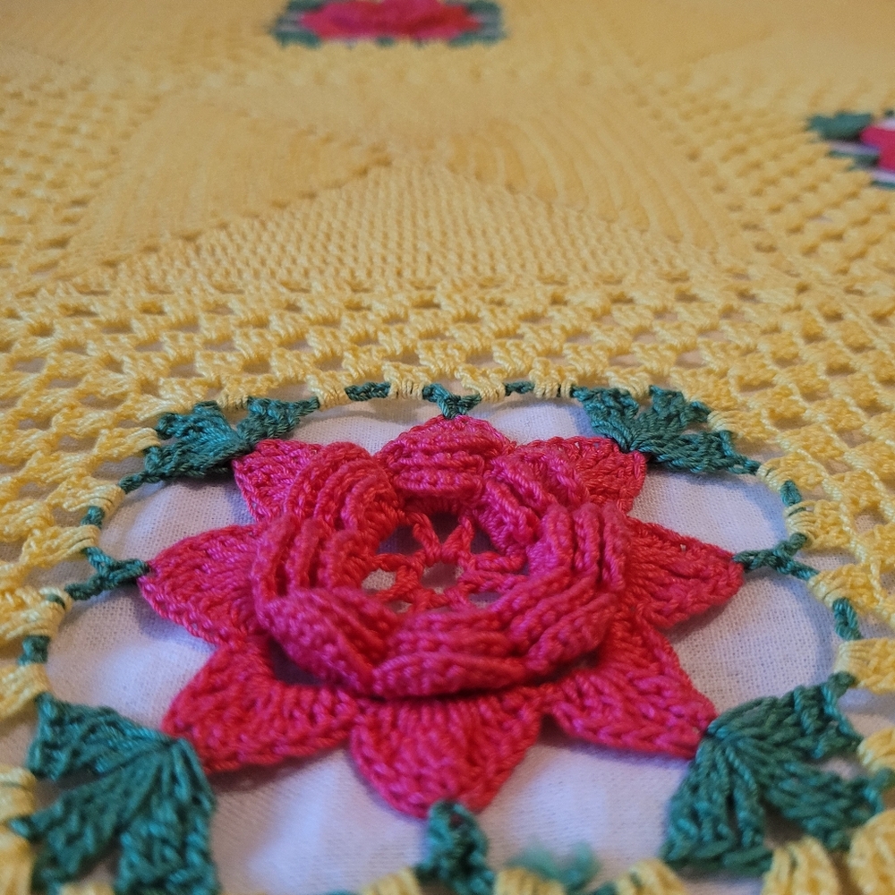 Vintage Yellow Crochet Throw Blanket with 3D Floral Design - Picture 3 of 16